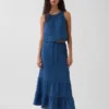 Gonna lunga a balze in denim di garza di cotone