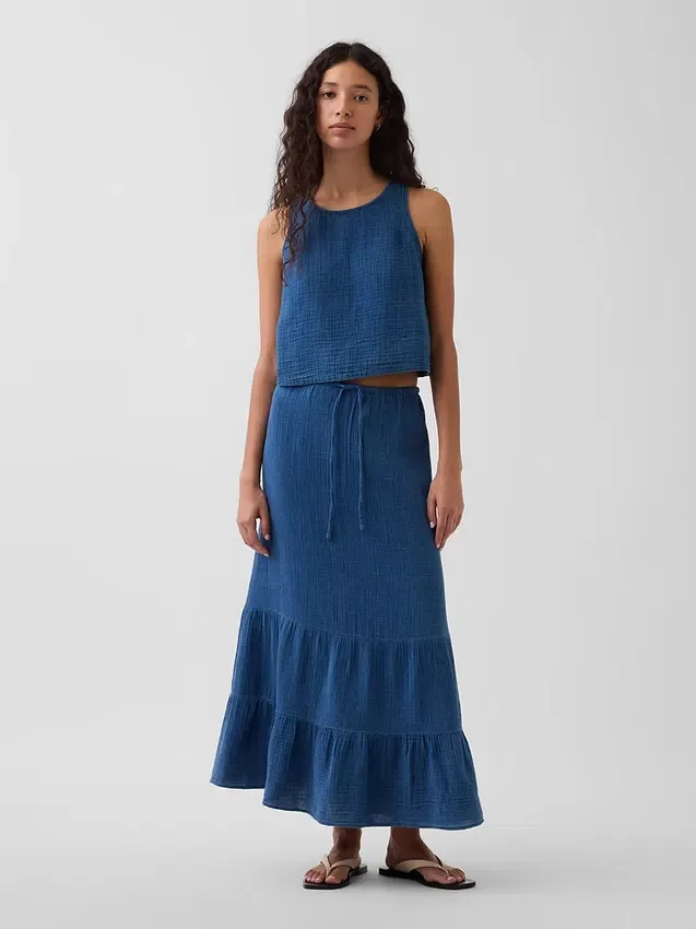 Gonna lunga a balze in denim di garza di cotone