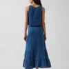 Gonna lunga a balze in denim di garza di cotone