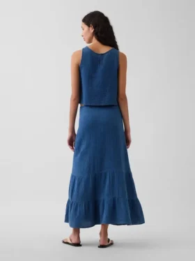 Gonna lunga a balze in denim di garza di cotone