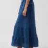 Gonna lunga a balze in denim di garza di cotone