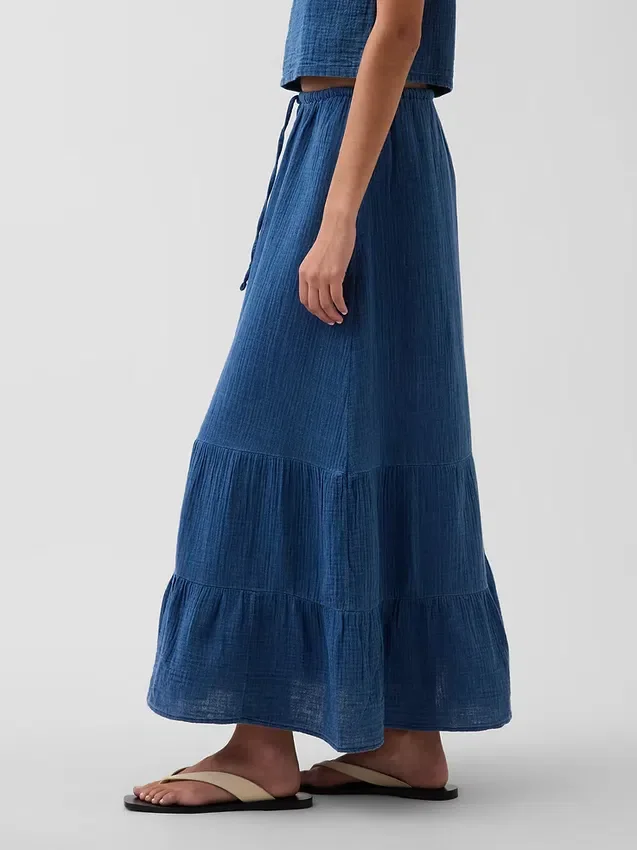 Gonna lunga a balze in denim di garza di cotone