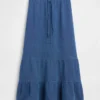 Gonna lunga a balze in denim di garza di cotone