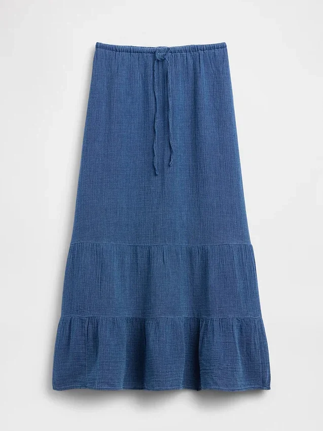 Gonna lunga a balze in denim di garza di cotone
