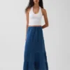 Gonna lunga a balze in denim di garza di cotone