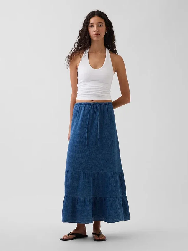 Gonna lunga a balze in denim di garza di cotone