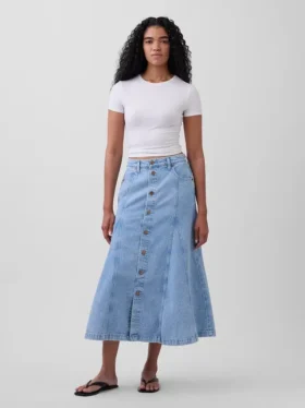 Gonna lunga in denim con cuciture e abbottonatura frontale