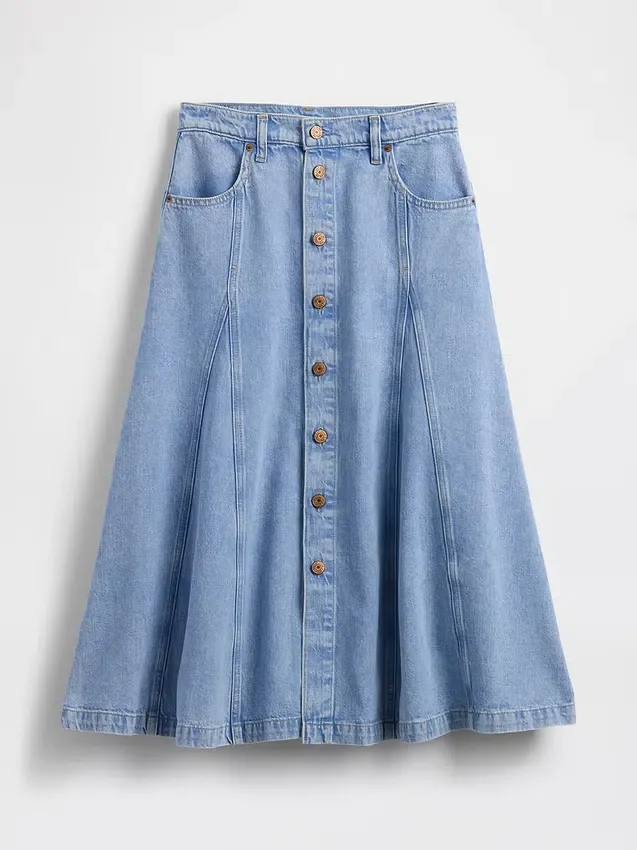 Gonna lunga in denim con cuciture e abbottonatura frontale