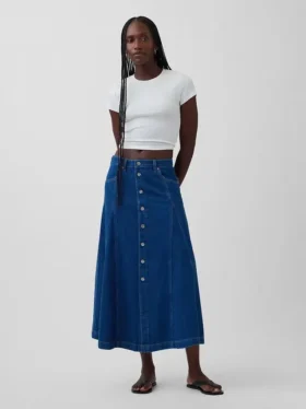 Gonna lunga in denim con cuciture e chiusura frontale a bottoni