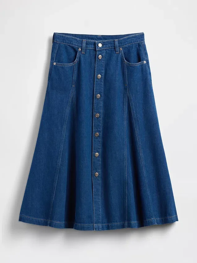 Gonna lunga in denim con cuciture e chiusura frontale a bottoni