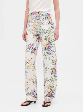 Jeans a vita alta con taglio a barilotto e motivo floreale
