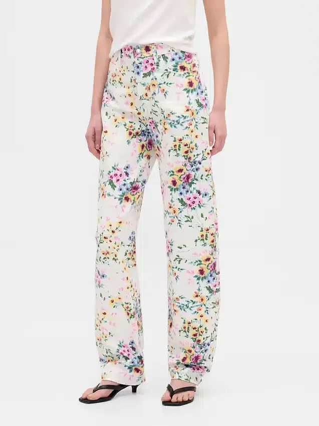 Jeans a vita alta con taglio a barilotto e motivo floreale