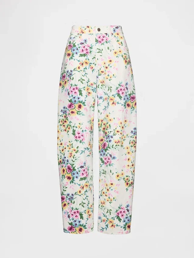 Jeans a vita alta con taglio a barilotto e motivo floreale