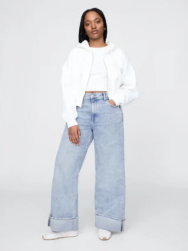 Jeans a vita alta, gamba larga con risvolto