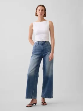 Jeans a vita alta, gamba larga e lunghezza alla caviglia