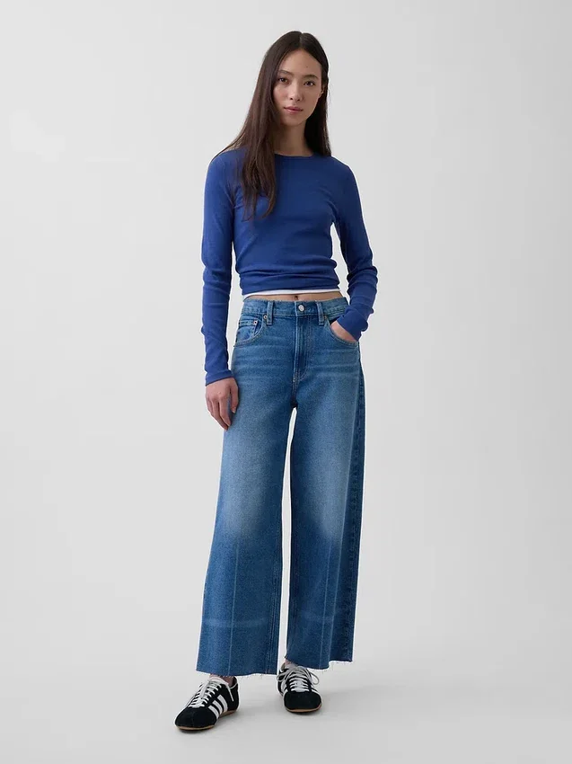 Jeans a vita alta, gamba larga e lunghezza alla caviglia