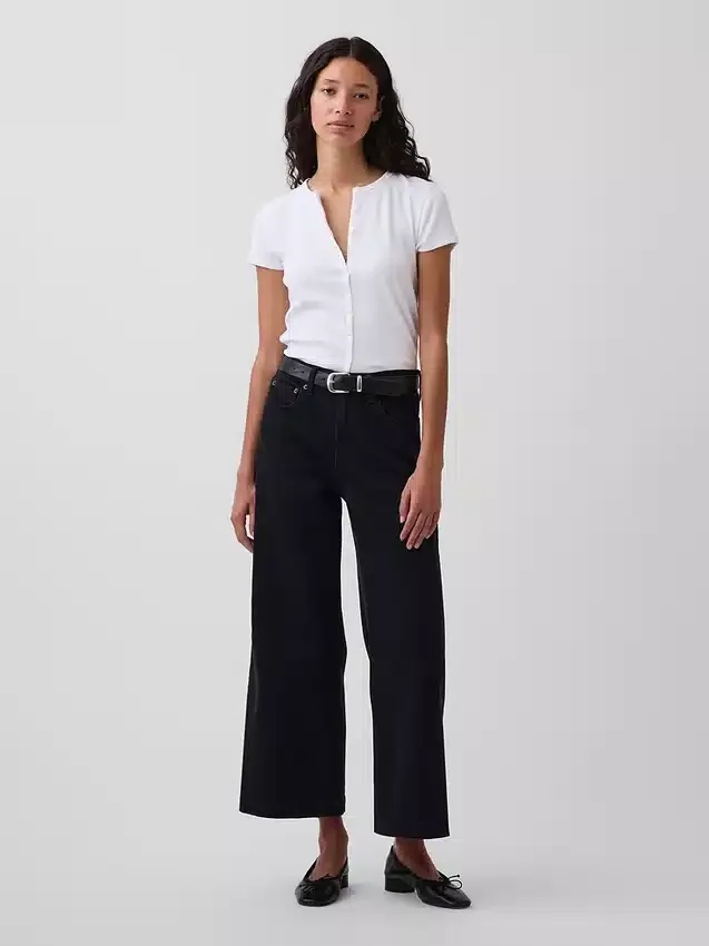 Jeans a vita alta, gamba larga e lunghezza alla caviglia
