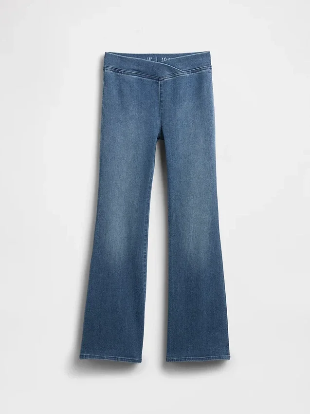 Jeans a vita alta svasati con cintura incrociata per bambini