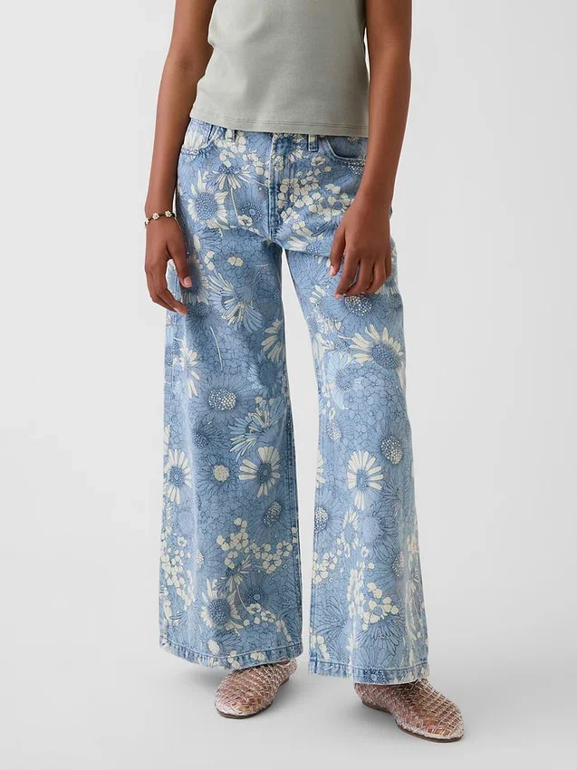 Jeans baggy a vita bassa con motivo floreale per bambini