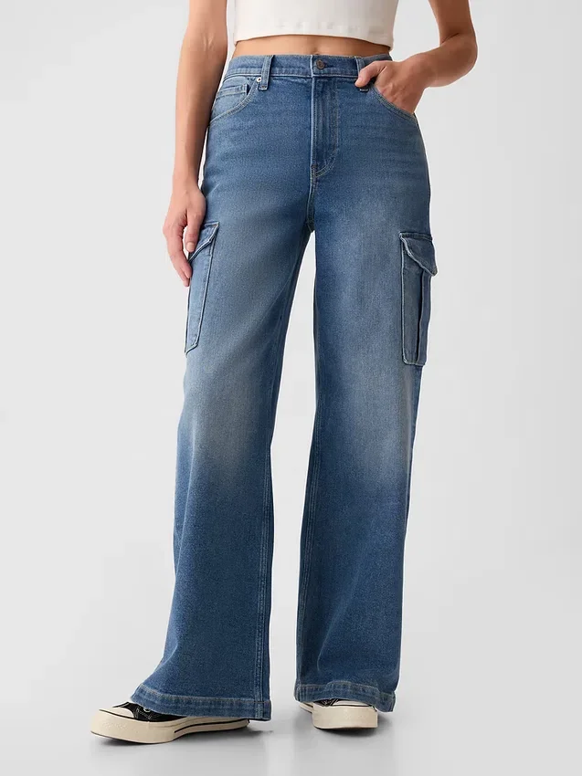Jeans cargo a vita alta e gamba larga
