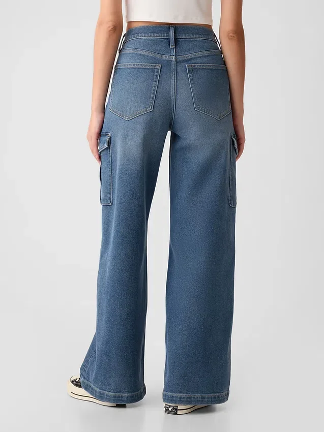 Jeans cargo a vita alta e gamba larga