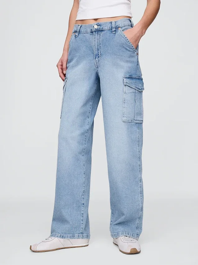 Jeans cargo larghi a vita media in stile anni '90