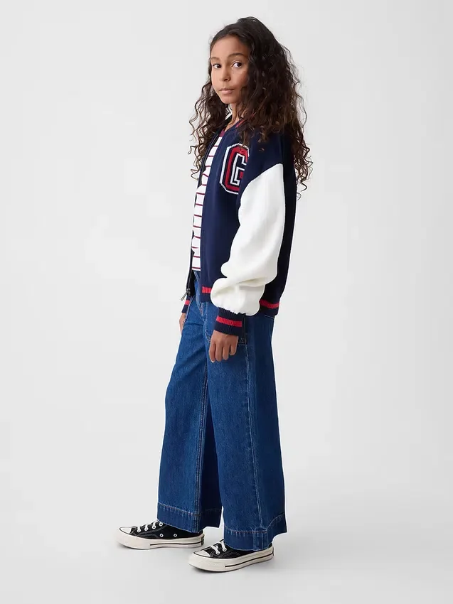 Jeans da bambino a vita alta, gamba larga e lunghezza alla caviglia