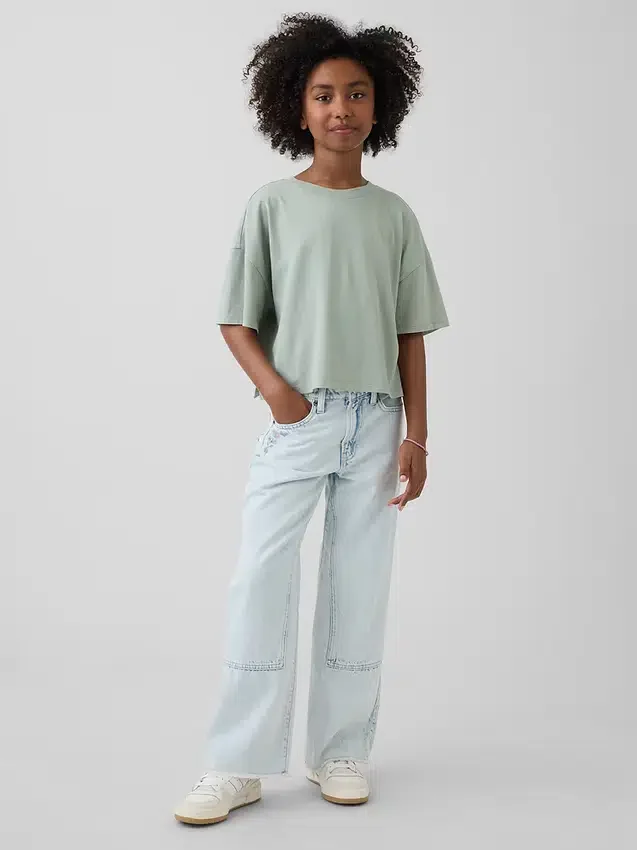 Jeans da bambino a vita bassa, gamba larga