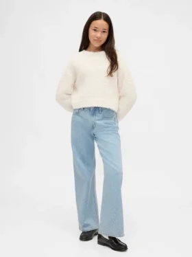 Jeans da bambino a vita bassa, gamba larga e strass