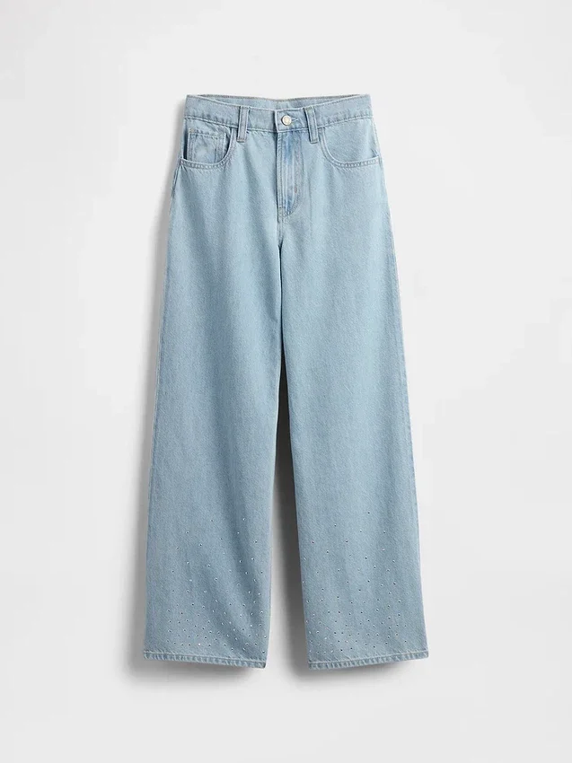 Jeans da bambino a vita bassa, gamba larga e strass