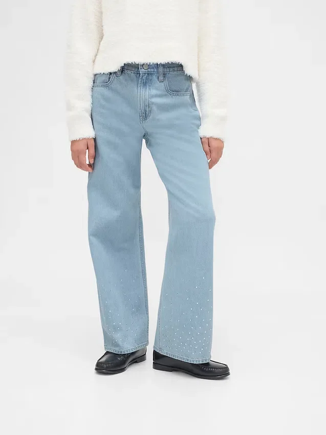 Jeans da bambino a vita bassa, gamba larga e strass