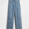 Jeans da carpentiere a righe larghi con rinforzi sulle ginocchia per bambini