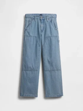 Jeans da carpentiere a righe larghi con rinforzi sulle ginocchia per bambini
