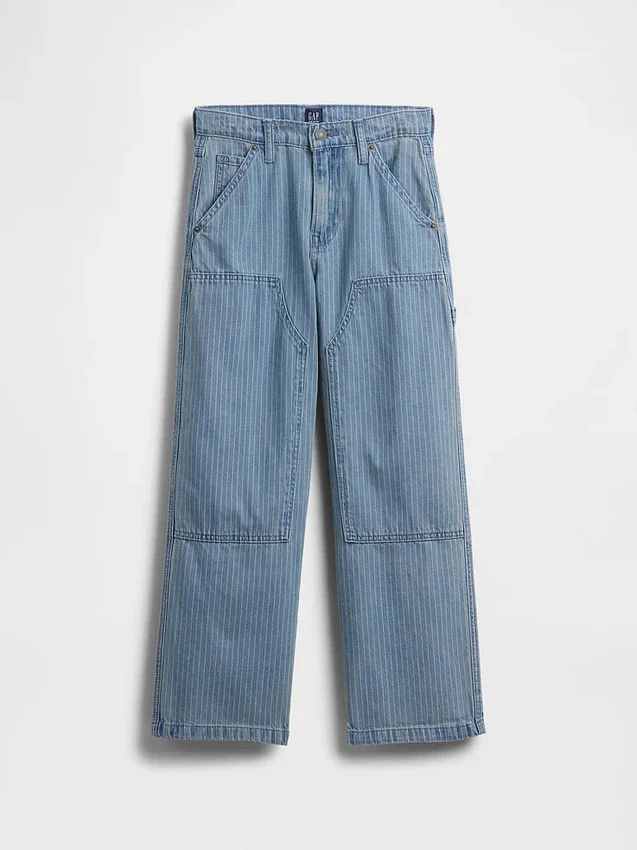 Jeans da carpentiere a righe larghi con rinforzi sulle ginocchia per bambini