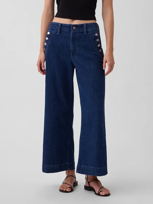 Jeans da marinaio a vita alta, gamba larga e lunghezza alla caviglia