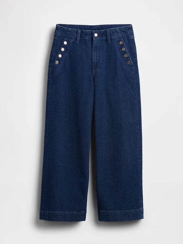 Jeans da marinaio a vita alta, gamba larga e lunghezza alla caviglia
