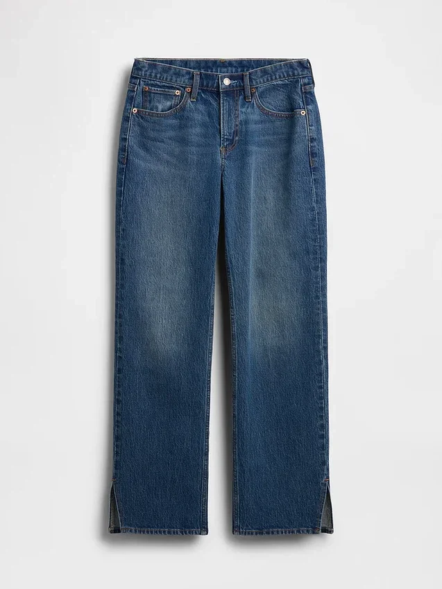 Jeans dritti dal taglio rilassato a vita media con orlo asimmetrico