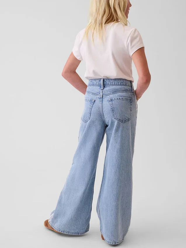 Jeans larghi a vita bassa con bordi in pizzo per bambini