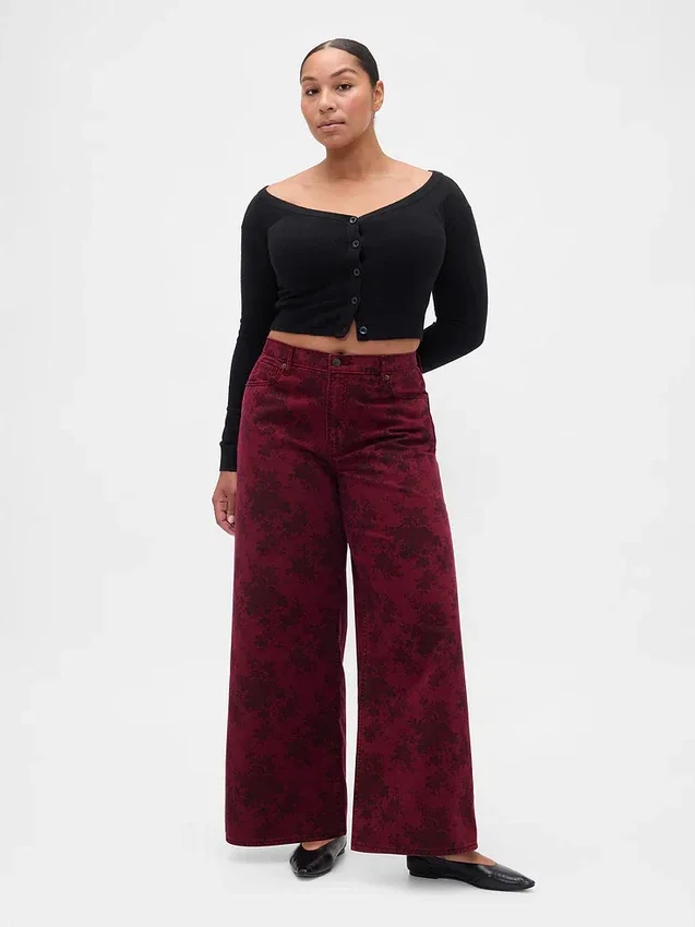 Jeans larghi a vita media con motivo floreale