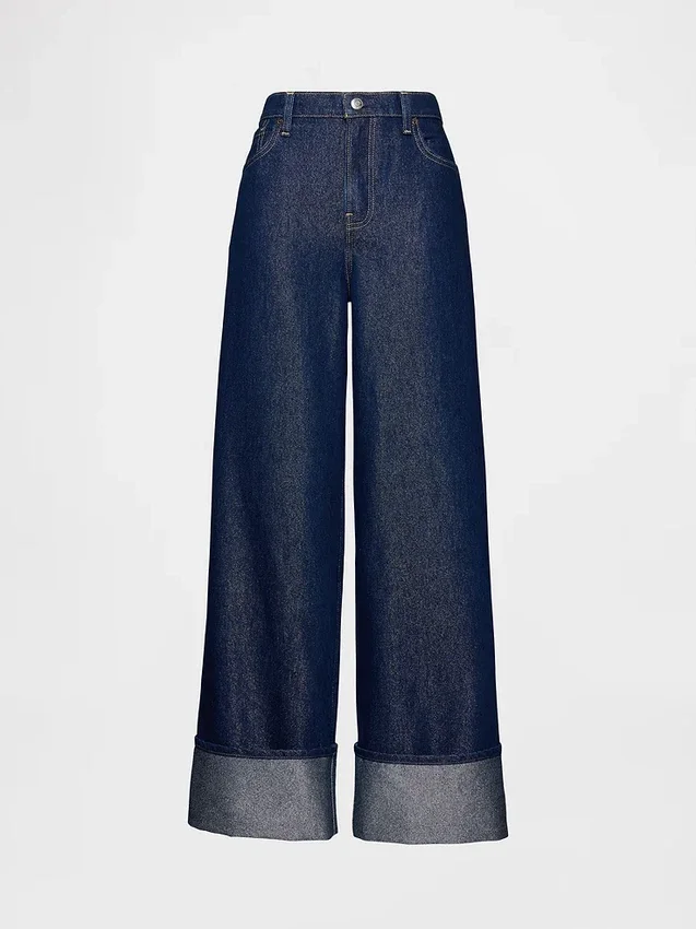 Jeans larghi a vita media con risvolto metallizzato