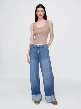 Jeans larghi a vita media con risvolto, ultra morbidi