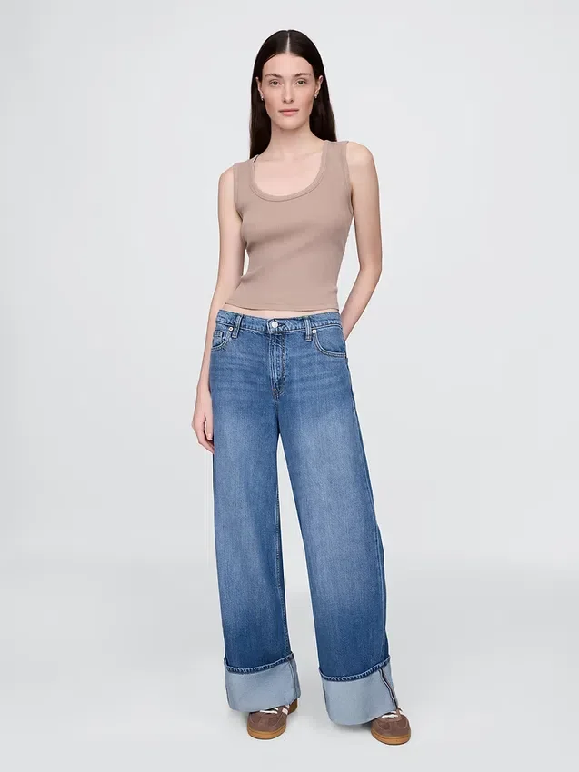 Jeans larghi a vita media con risvolto, ultra morbidi