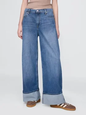 Jeans larghi a vita media con risvolto, ultra morbidi