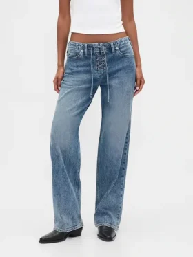 Jeans larghi anni ’90 a vita bassa con lacci