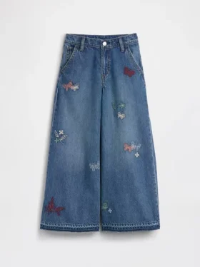 Jeans larghi da bambino a vita bassa con ricami