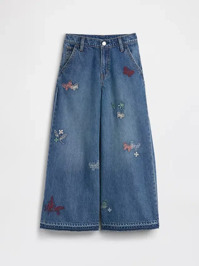 Jeans larghi da bambino a vita bassa con ricami