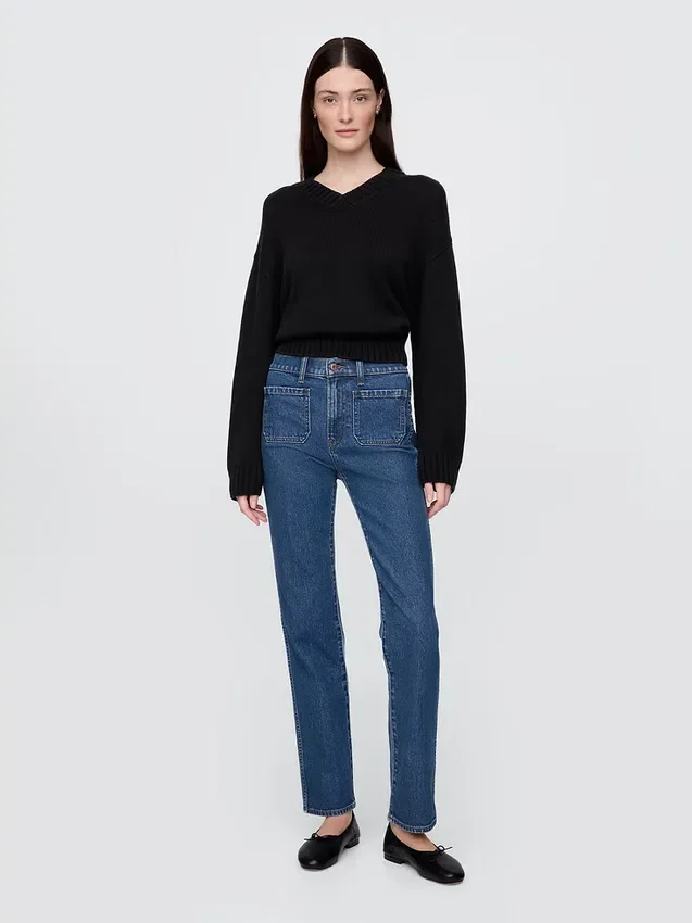 Jeans slim a gamba dritta a vita alta in stile anni ’90