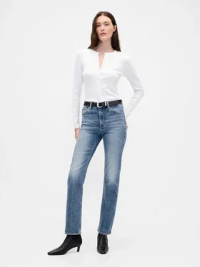 Jeans slim a gamba dritta a vita alta in stile anni ’90