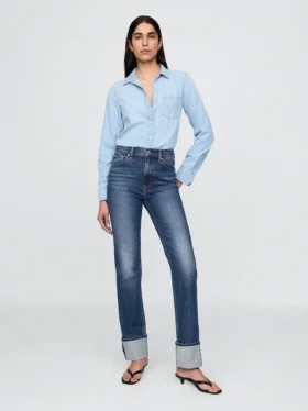 Jeans slim dritti a vita alta con risvolto in stile anni '90