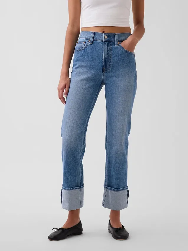 Jeans slim dritti a vita alta con risvolto in stile anni '90
